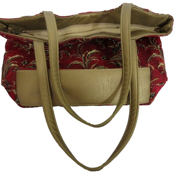 Womens Red Corduroy Tote Shoulder Bag Floral Gold Piping & Handles Flat Bottom - Picture 9 of 9